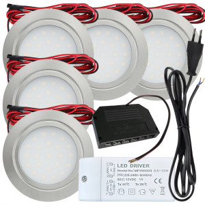 5 Stück Flache LED Möbel-Einbaustrahler Mila 12V - 2,4W - LED Trafo - 230V Zuleitung mit Stecker