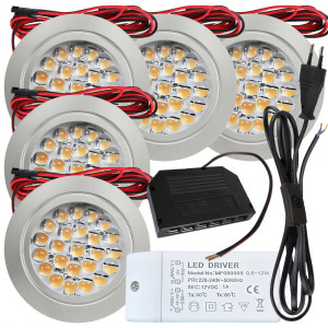 5 Stück Flache LED Möbel Einbaustrahler Mira - 12V - 2,4W - 230V Zuleitung mit Schnurschalter