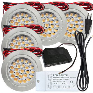 5 Stück Flache LED Möbel Einbaustrahler Mira - 12V - 2,4W - 230V Zuleitung mit Stecker