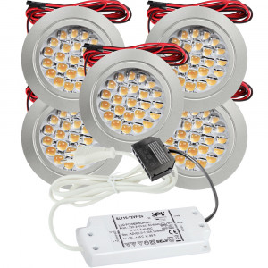 5er Set / Flache LED Einbauspots Mira / 12Volt / 2,4W / Kabelbaum / Stecker/ Verteilerleiste / LED Trafo vormontiert