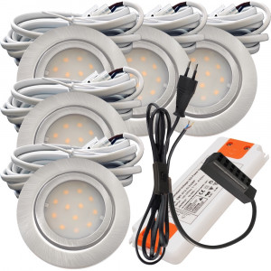 5er Set | Flache LED Möbel Einbauspots New Lina | 12V | 2W | LED Trafo | 230V Zuleitung mit Schnurschalter