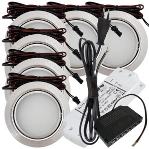 6 Stück - Flache LED Möbel Einbauleuchte Milena 12V - 3W - Mit LED Trafo und 230V Zuleitung und Schnurschalter