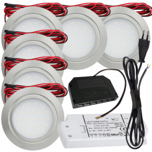 6 Stück Flache LED Möbel-Einbaustrahler Mila 12V - 2,4W - LED Trafo - 230V Zuleitung mit Schnurschalter
