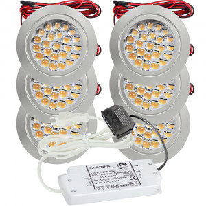 6er Set / Flache LED Einbauspots Mira / 12Volt / 2,4W / Kabelbaum / Stecker/ Verteilerleiste / LED Trafo vormontiert