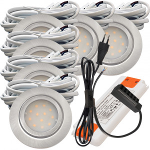 6er Set | Flache LED Möbel Einbauspots New Lina | 12V | 2W | LED Trafo | 230V Zuleitung mit Schnurschalter