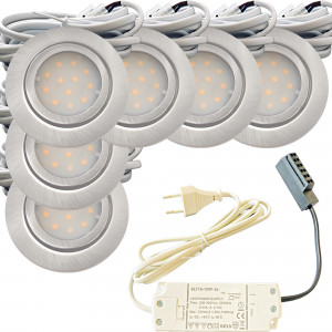 6er Set Flache LED-Möbel-Einbauspots New Lina, IP44, 12V, 2W, inklusive Plug & Play Trafo