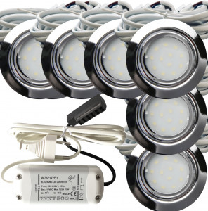 6er Set Flache LED-Möbel-Spots New Lina IP44, 12V, 2,2W, inklusive Plug & Play Trafo. Chrom