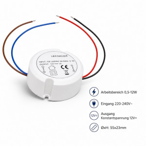 Elektronischer LED Transformator / 0.5 -> 12Watt / 230V~ auf 12V= / Rund ø x H - 55 x 23