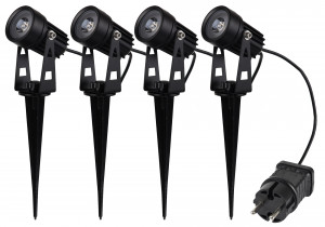 Gartenstrahler Set mit 4 Spots, Netzteil, Erdspieß, 3000K Warmweiß, IP44, ideal für den Außenbereich.