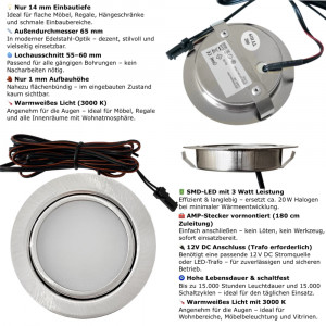 Sets Flache LED Möbel Einbauleuchte Milena 12Volt - 3Watt - 190Lumen - mit Transformator